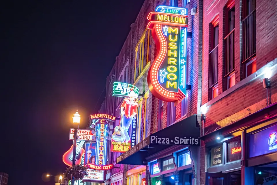 Neon signs on nightlife strip in Nashville, Tennessee.